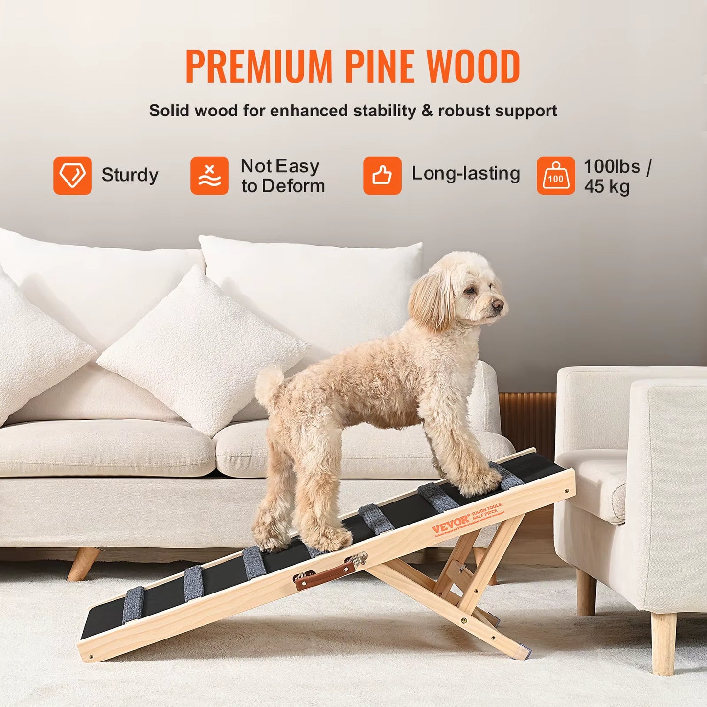 Adjustable Folding Wooden Dog Ramp with Anti-Slip Features for Small and Older Pets - Ideal for Stairs, Sofas, and Cars