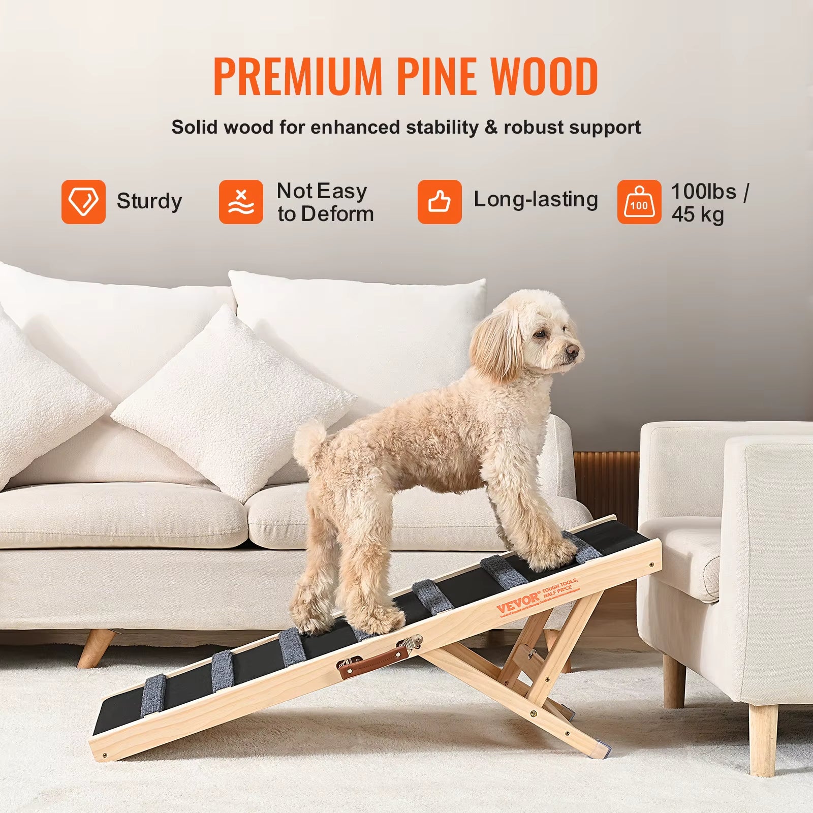 Adjustable Folding Wooden Dog Ramp with Anti-Slip Features for Small and Older Pets - Ideal for Stairs, Sofas, and Cars
