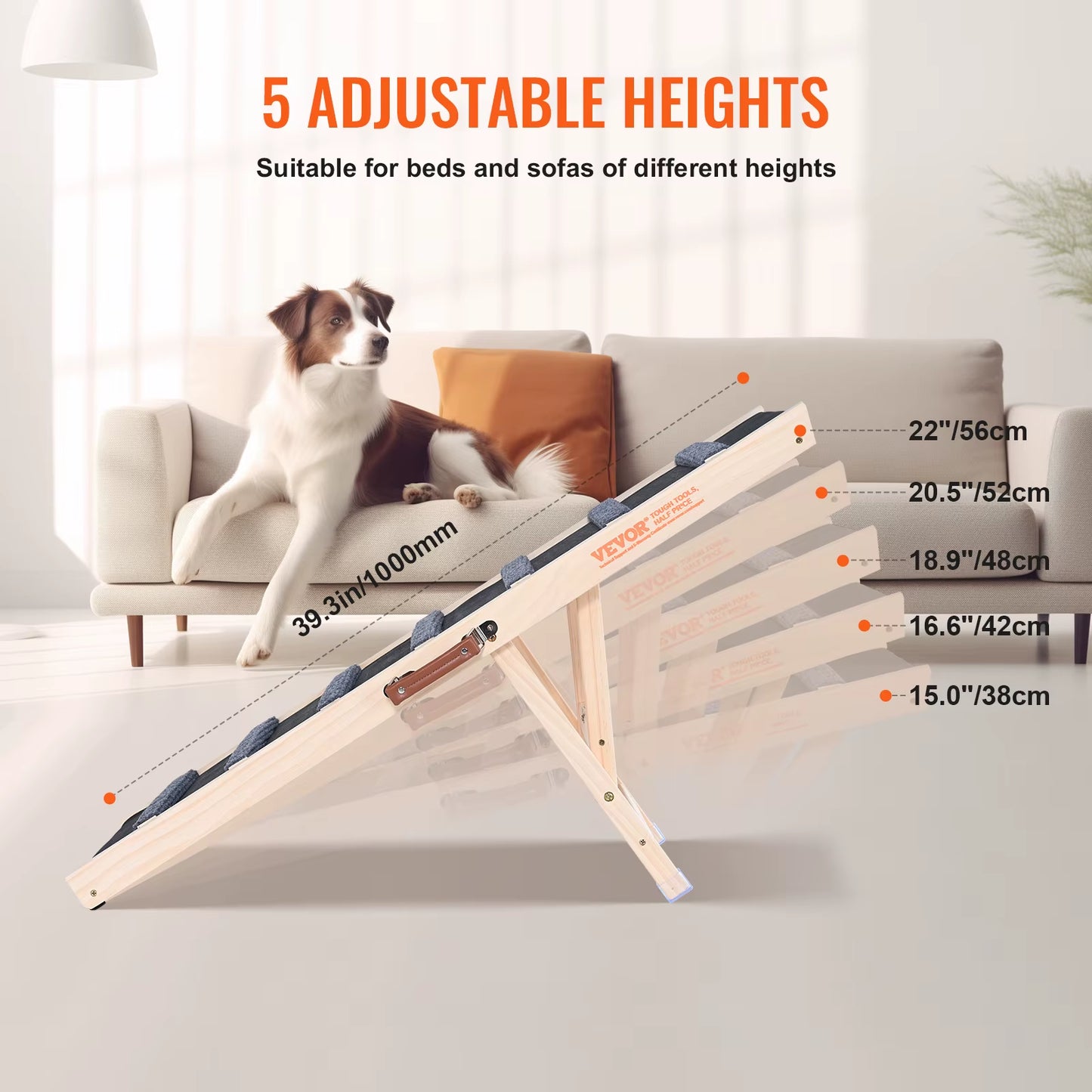 Adjustable Folding Wooden Dog Ramp with Anti-Slip Features for Small and Older Pets - Ideal for Stairs, Sofas, and Cars