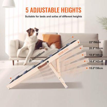 Adjustable Folding Wooden Dog Ramp with Anti-Slip Features for Small and Older Pets - Ideal for Stairs, Sofas, and Cars